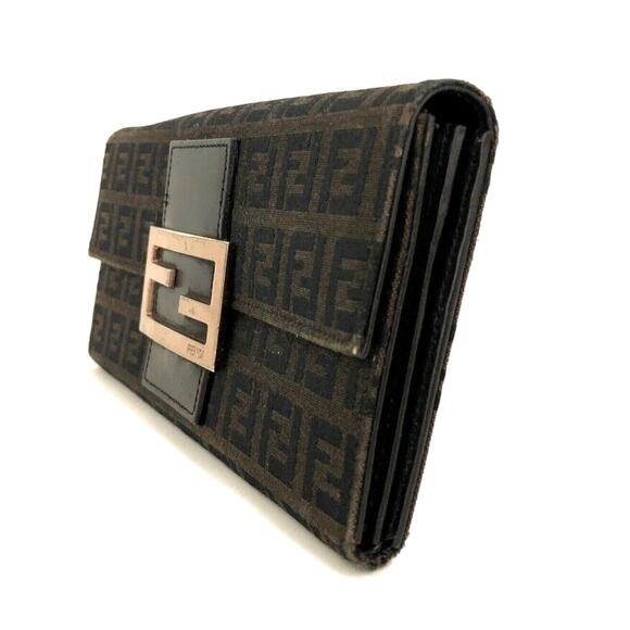 Authentic FENDI Zuccino Canvas Leather Long Bifold Wallet Gold Toned Hardware - Picture 3 of 7